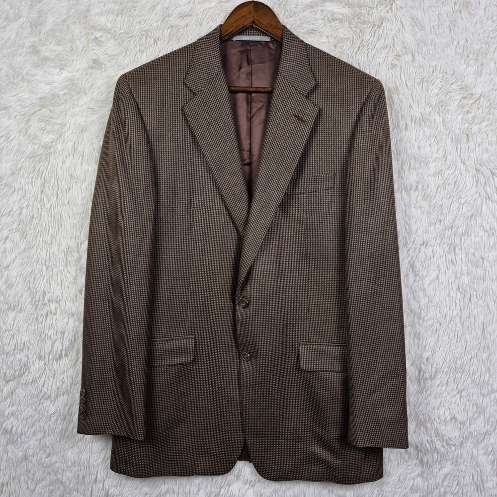 Hickey Freeman Madison Blazer 42L Brown Wool Silk Houndstooth Dark Academia